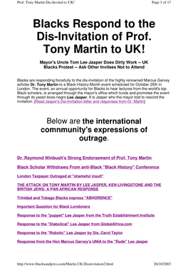 Blacks Respond to the Dis-Invitation of Prof. Tony Martin to UK!