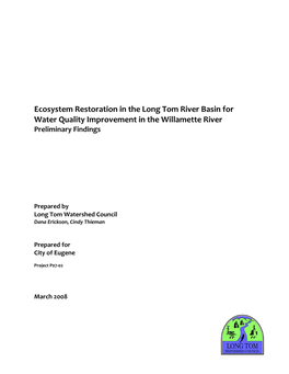 Ecosystem Restoration in the Long Tom River Basin for Water Quality Improvement in the Willamette River Preliminary Findings