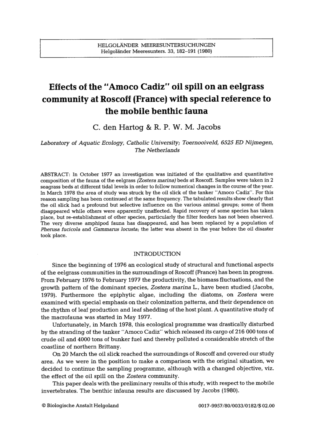 Effects of the “Amoco Cadiz” Oil Spill on an Eelgrass Community at Roscoff
