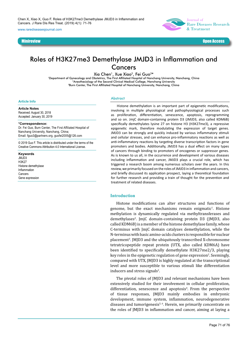 Roles of H3k27me3 Demethylase JMJD3 in Inflammation and Cancers