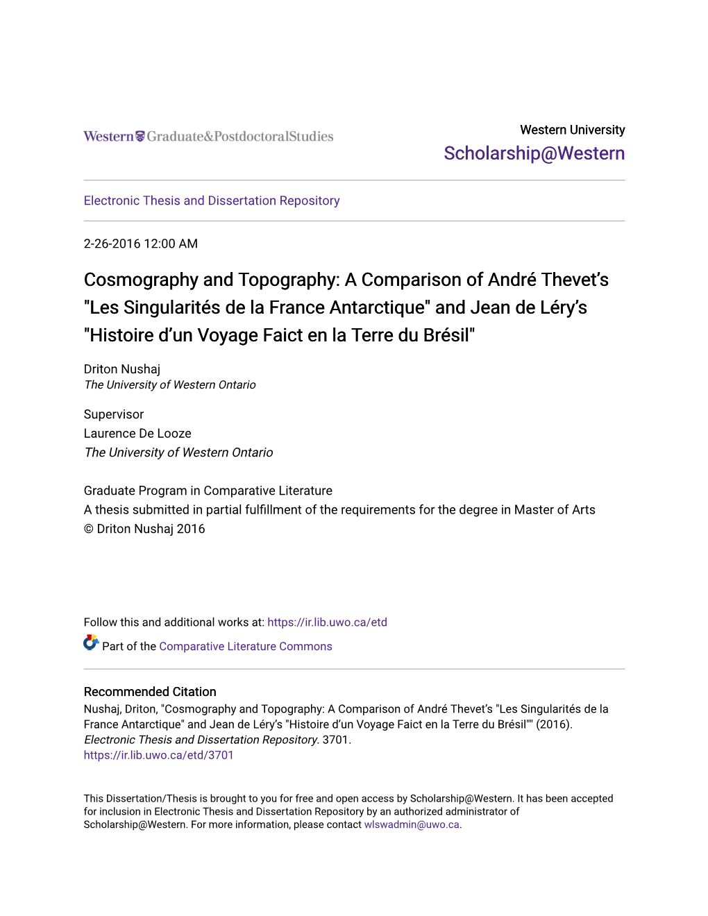 Cosmography and Topography: a Comparison of André Thevet's "Les