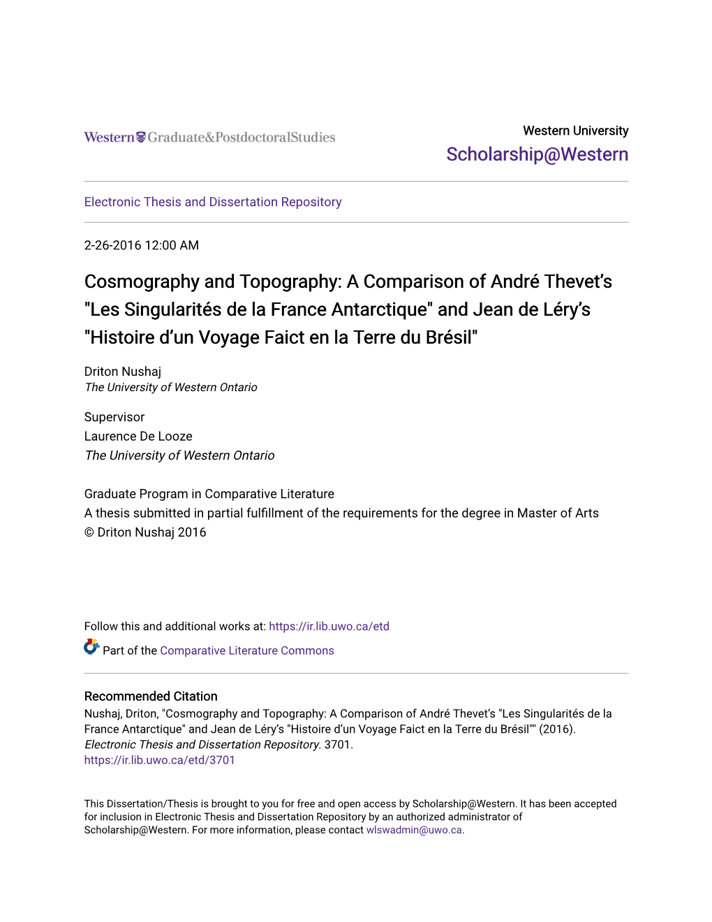 Cosmography and Topography: a Comparison of André Thevet's 