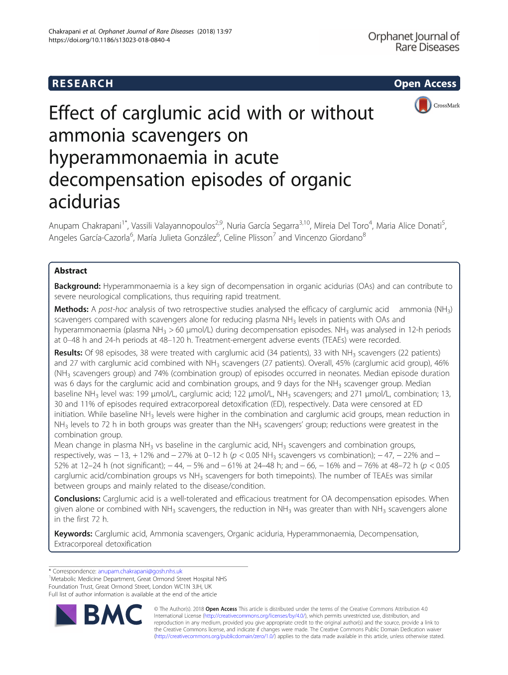 Effect of Carglumic Acid with Or Without Ammonia Scavengers On