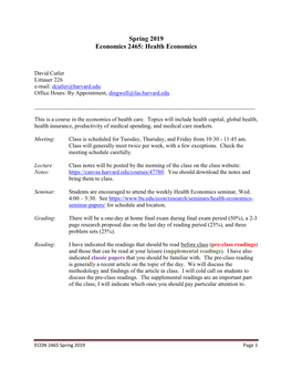 Spring 2019 Economics 2465: Health Economics