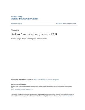 Rollins Alumni Record, January 1958 Rollins College Office Ofa M Rketing and Communications