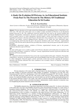 A Study on Evolution of Pirivena As an Educational Institute from Past to the Present in the History of Traditional Education in Sri Lanka