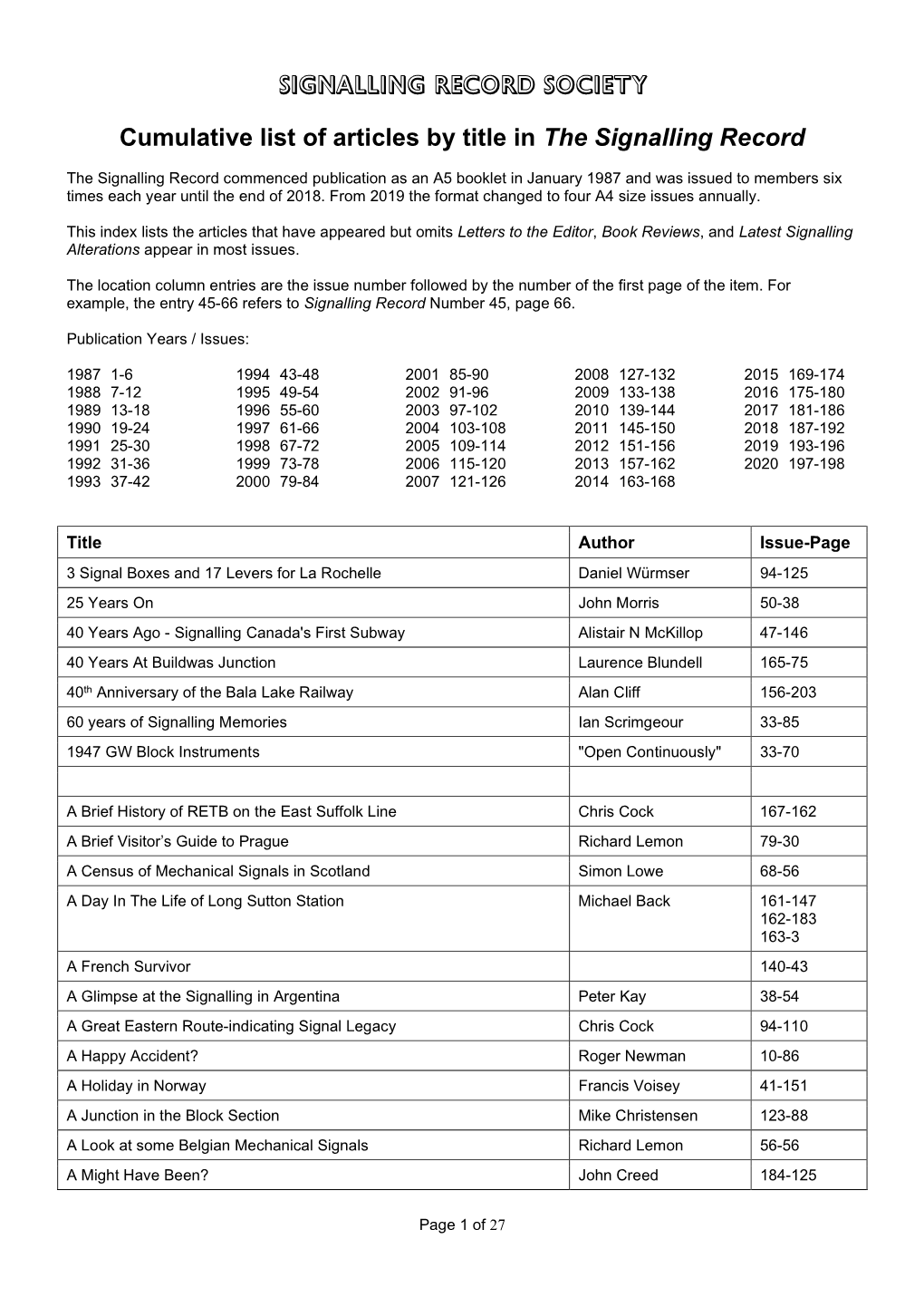 Cumulative List of Articles by Title in the Signalling Record