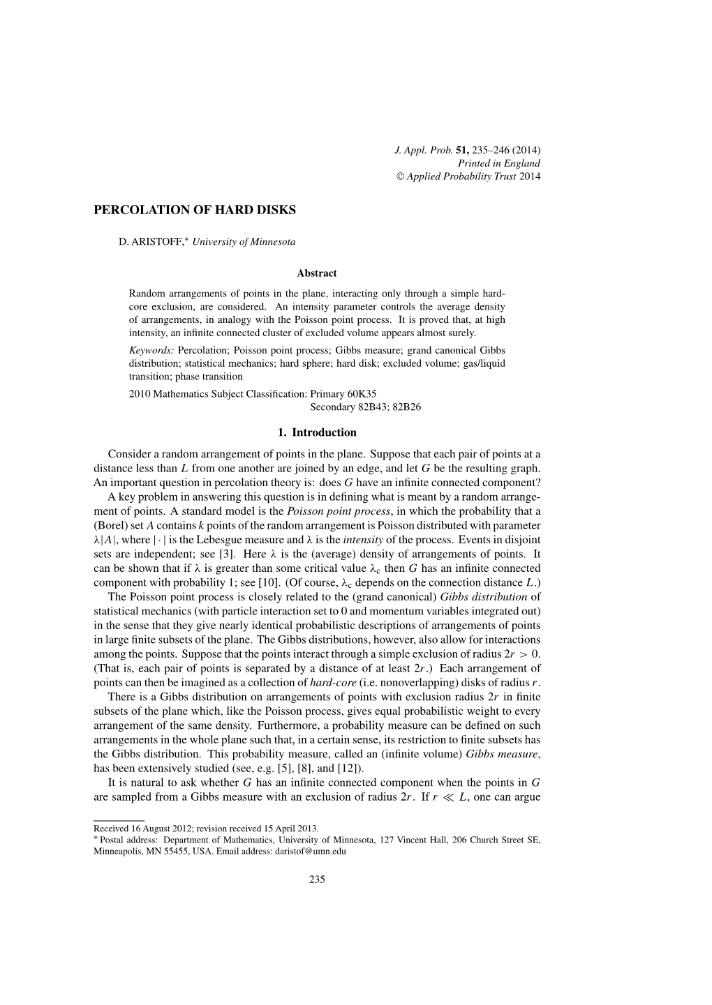 Percolation of Hard Disks