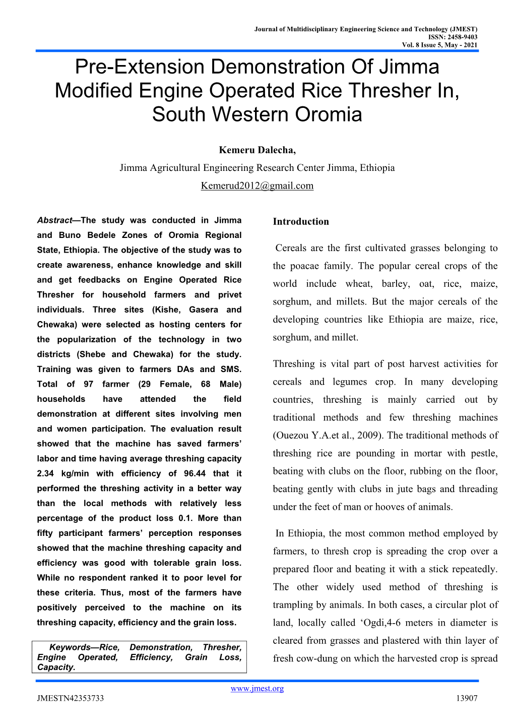 Pre-Extension Demonstration of Jimma Modified Engine Operated Rice Thresher In, South Western Oromia