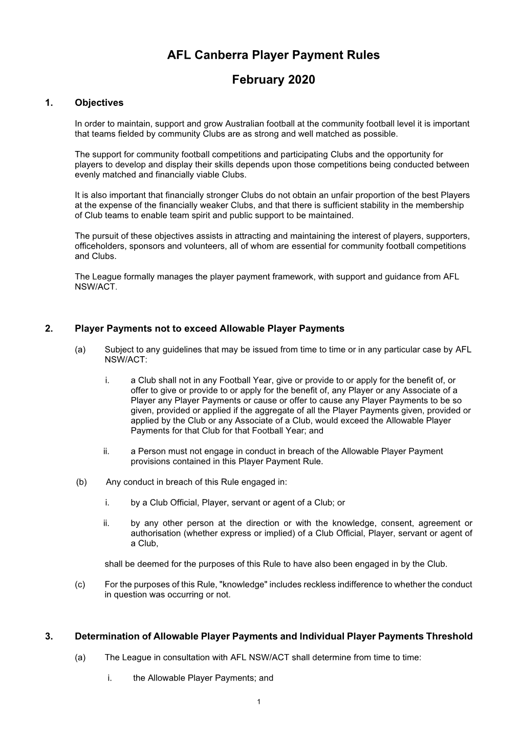 AFL Canberra Player Payment Rules February 2020