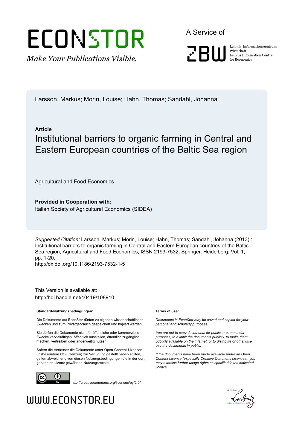 Institutional Barriers to Organic Farming in Central and Eastern European Countries of the Baltic Sea Region