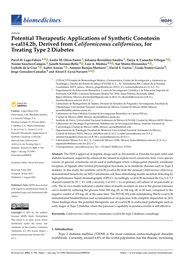 Potential Therapeutic Applications of Synthetic Conotoxin S-Cal14.2B, Derived from Californiconus Californicus, for Treating Type 2 Diabetes