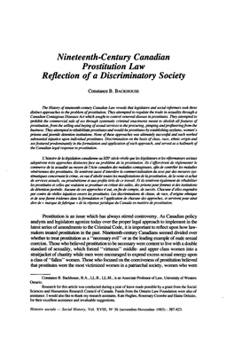 Nineteenth-Century Canadian Prostitution Law Reflection of a Discriminatory Society