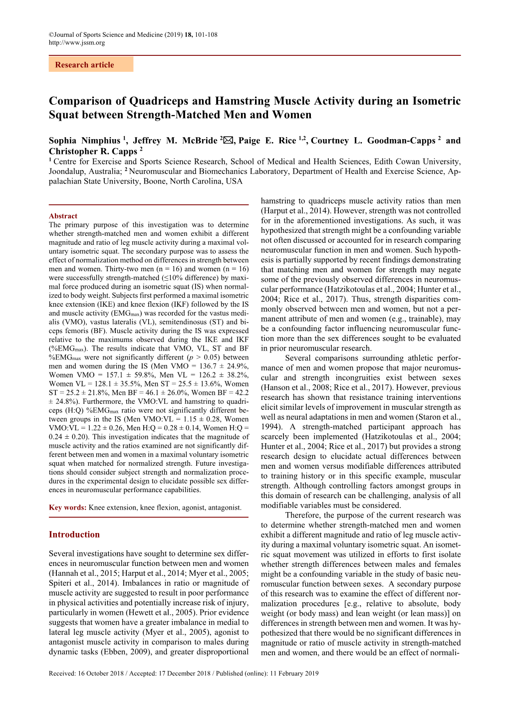 Comparison of Quadriceps and Hamstring Muscle Activity During an Isometric Squat Between Strength-Matched Men and Women