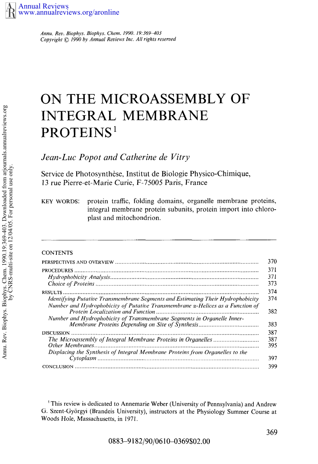 On the Microassembly Integral Membrane Proteins 1 Of