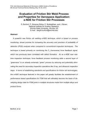 Evaluation of Friction Stir Weld Process and Properties for Aerospace Application: E-NDE for Friction Stir Processes