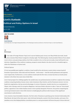 Livni's Outlook: Political and Policy Options in Israel by David Makovsky