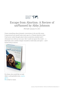 Escape from Abortion: a Review of Unplanned by Abby Johnson PRI Staff / January 10, 2011