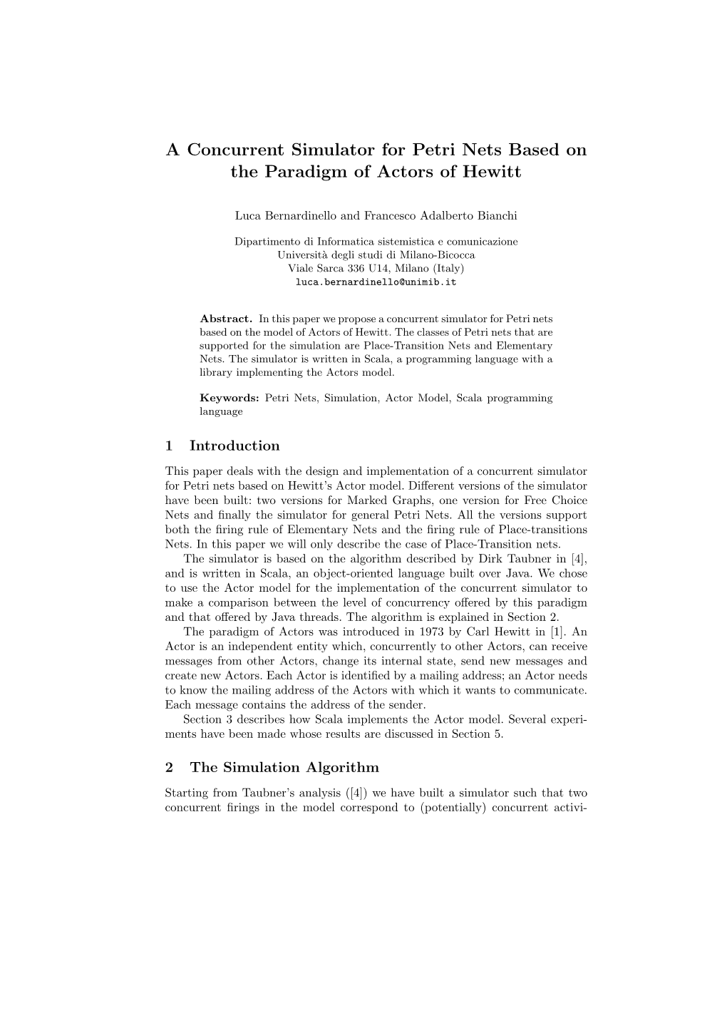 A Concurrent Simulator for Petri Nets Based on the Paradigm of Actors of Hewitt