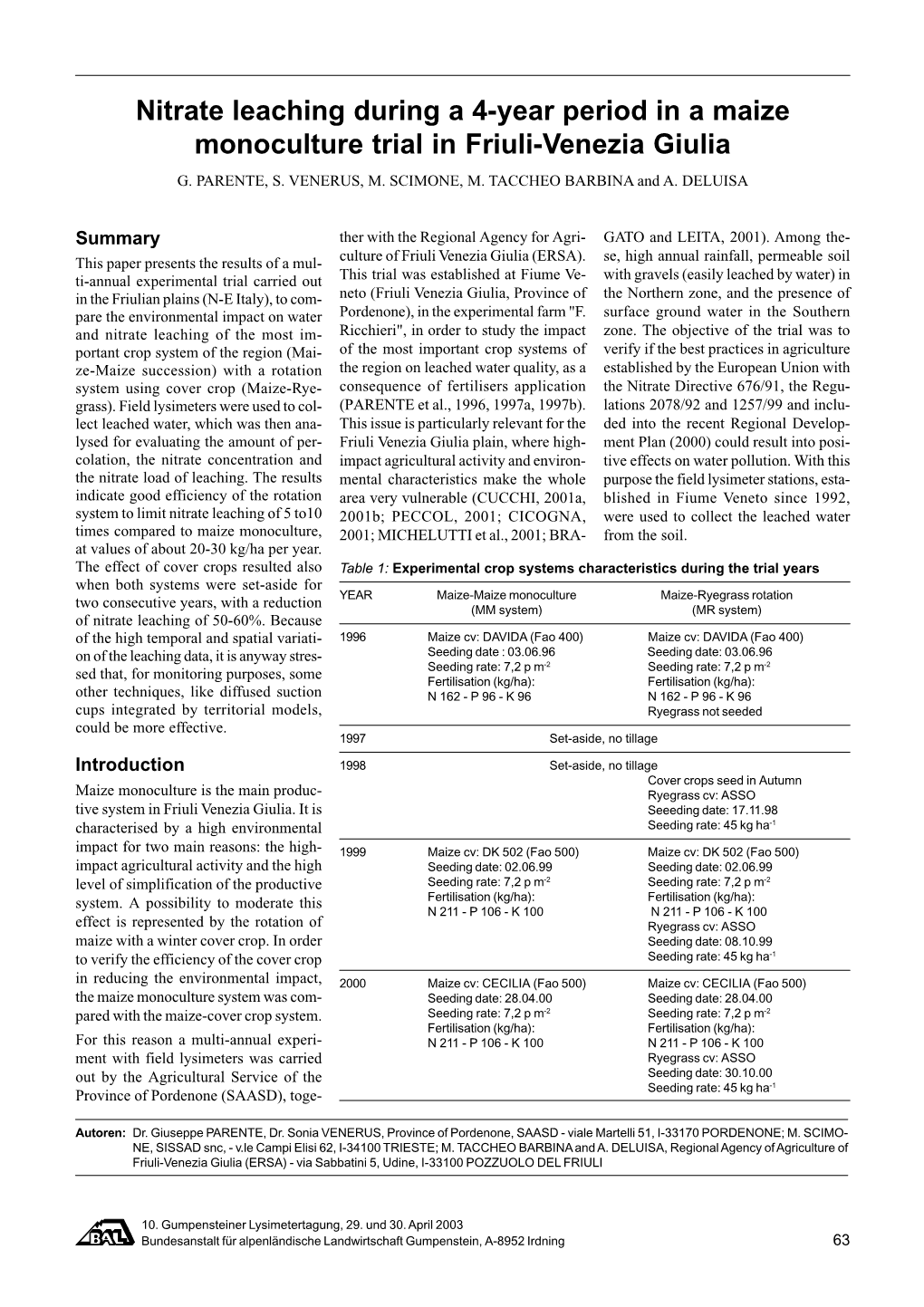 Nitrate Leaching During a 4-Year Period in a Maize Monoculture Trial in Friuli-Venezia Giulia G