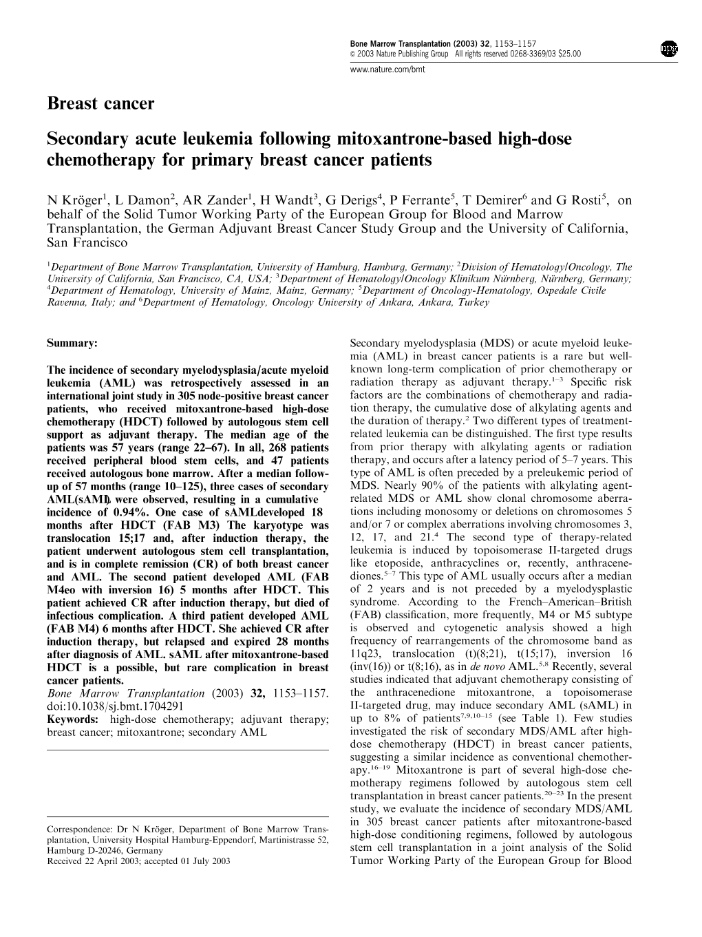 Breast Cancer Secondary Acute Leukemia Following Mitoxantrone-Based High-Dose Chemotherapy for Primary Breast Cancer Patients