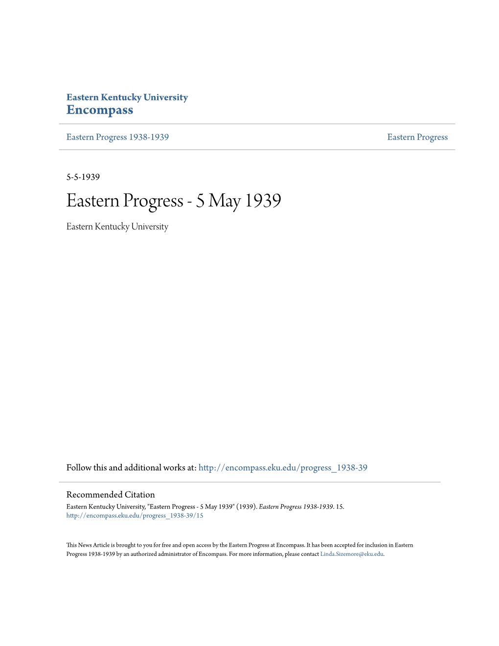 Eastern Progress 1938-1939 Eastern Progress