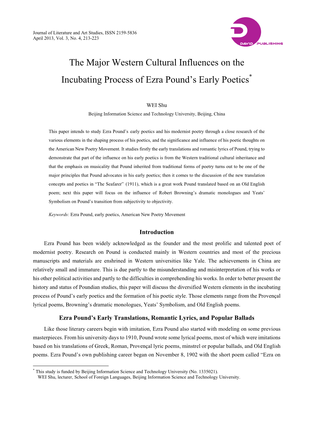 The Major Western Cultural Influences on the Incubating Process of Ezra Pound’S Early Poetics*