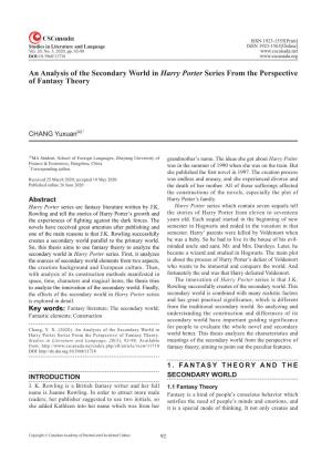 An Analysis of the Secondary World in Harry Porter Series from the Perspective of Fantasy Theory