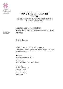 Corso Di Laurea Magistrale in Storia Delle Arti E Conservazione Dei Beni Artistici
