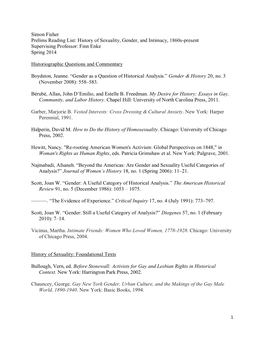 Simon Fisher Prelims Reading List: History of Sexuality, Gender, and Intimacy, 1860S-Present Supervising Professor: Finn Enke Spring 2014