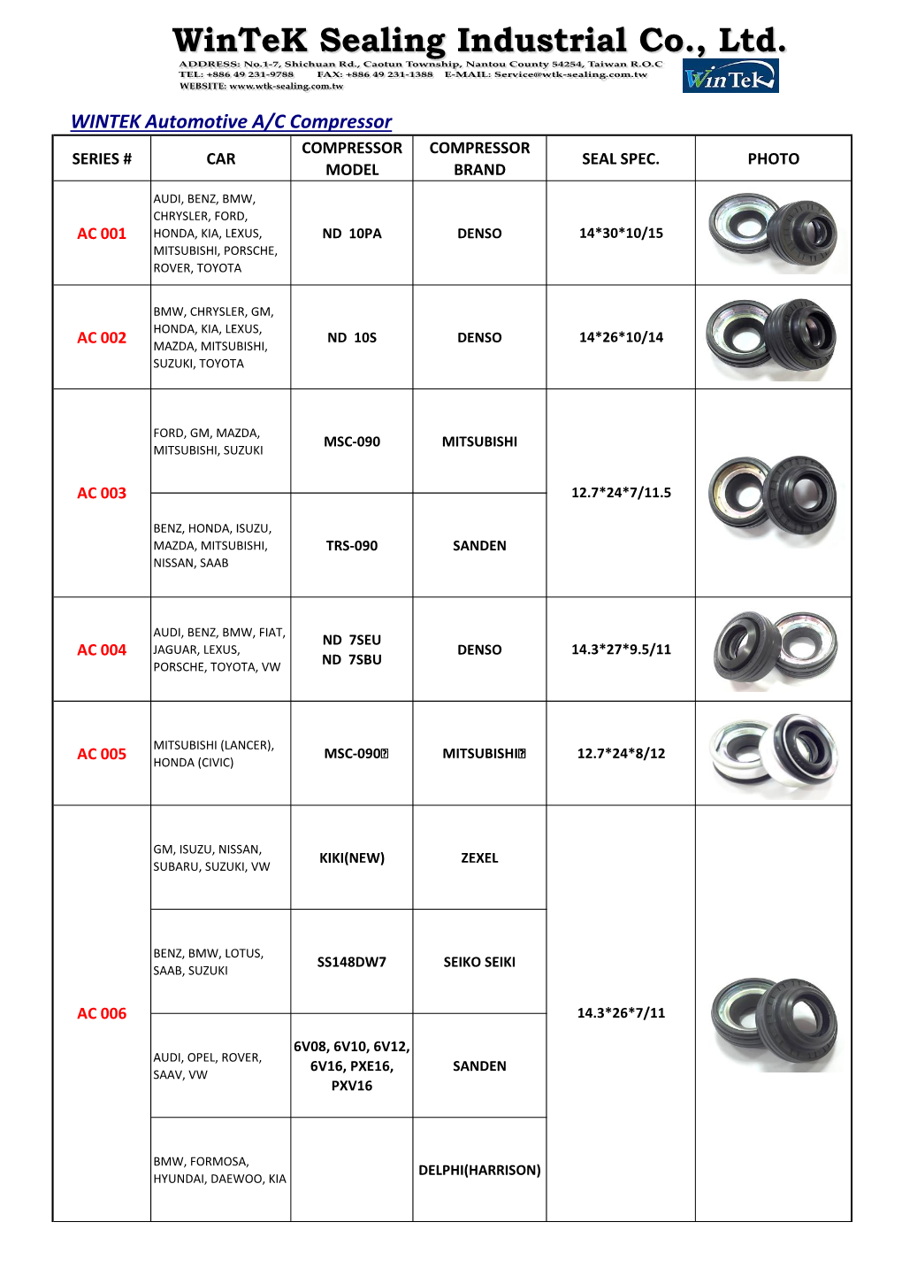 WINTEK Automotive A/C Compressor COMPRESSOR COMPRESSOR SERIES # CAR SEAL SPEC