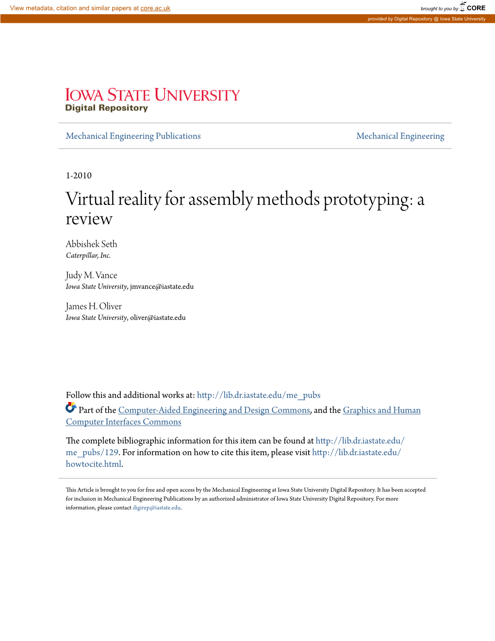 Virtual Reality for Assembly Methods Prototyping: a Review Abbishek Seth Caterpillar, Inc