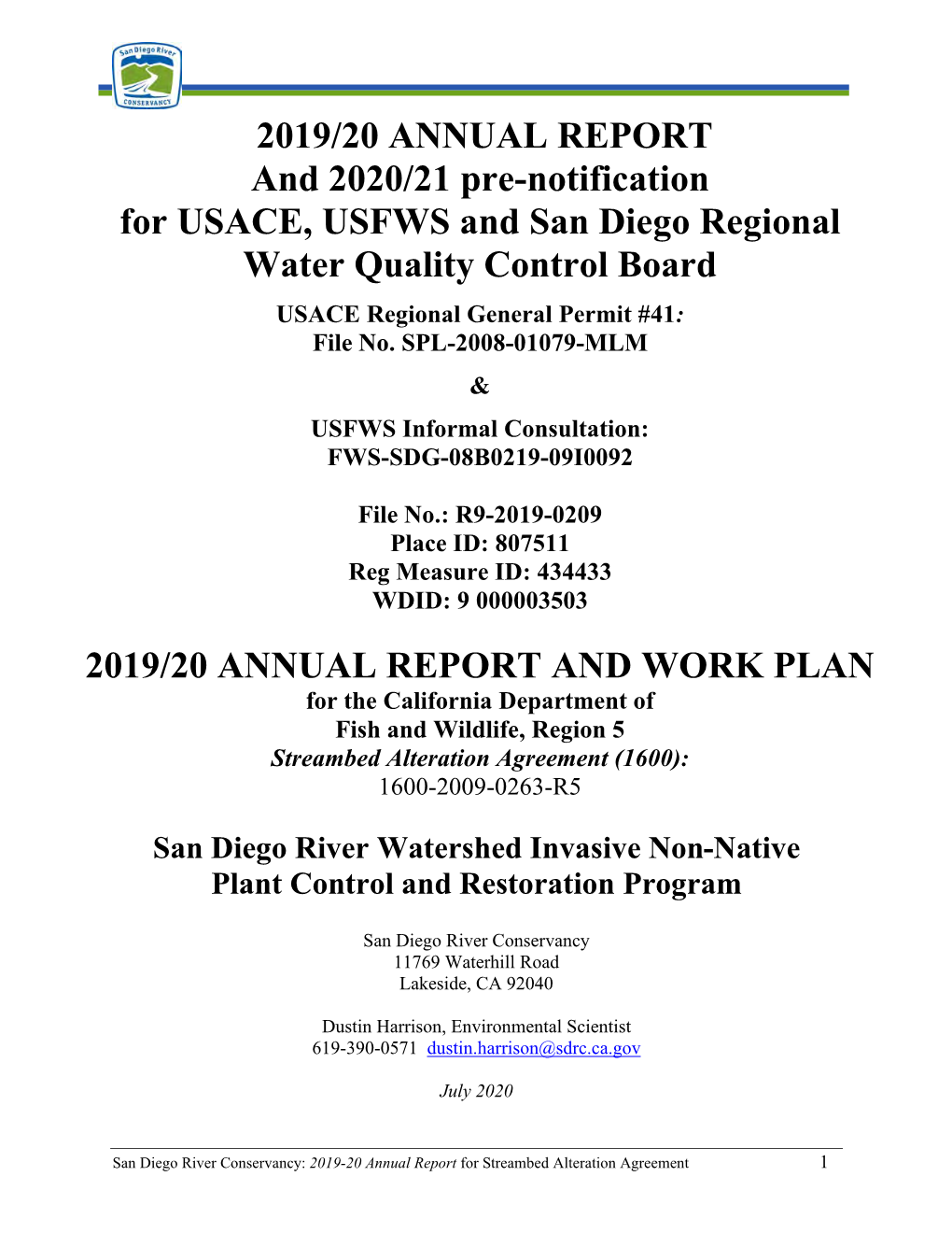 ANNUAL REPORT and 2020/21 Pre-Notification for USACE, USFWS and San Diego Regional Water Quality Control Board