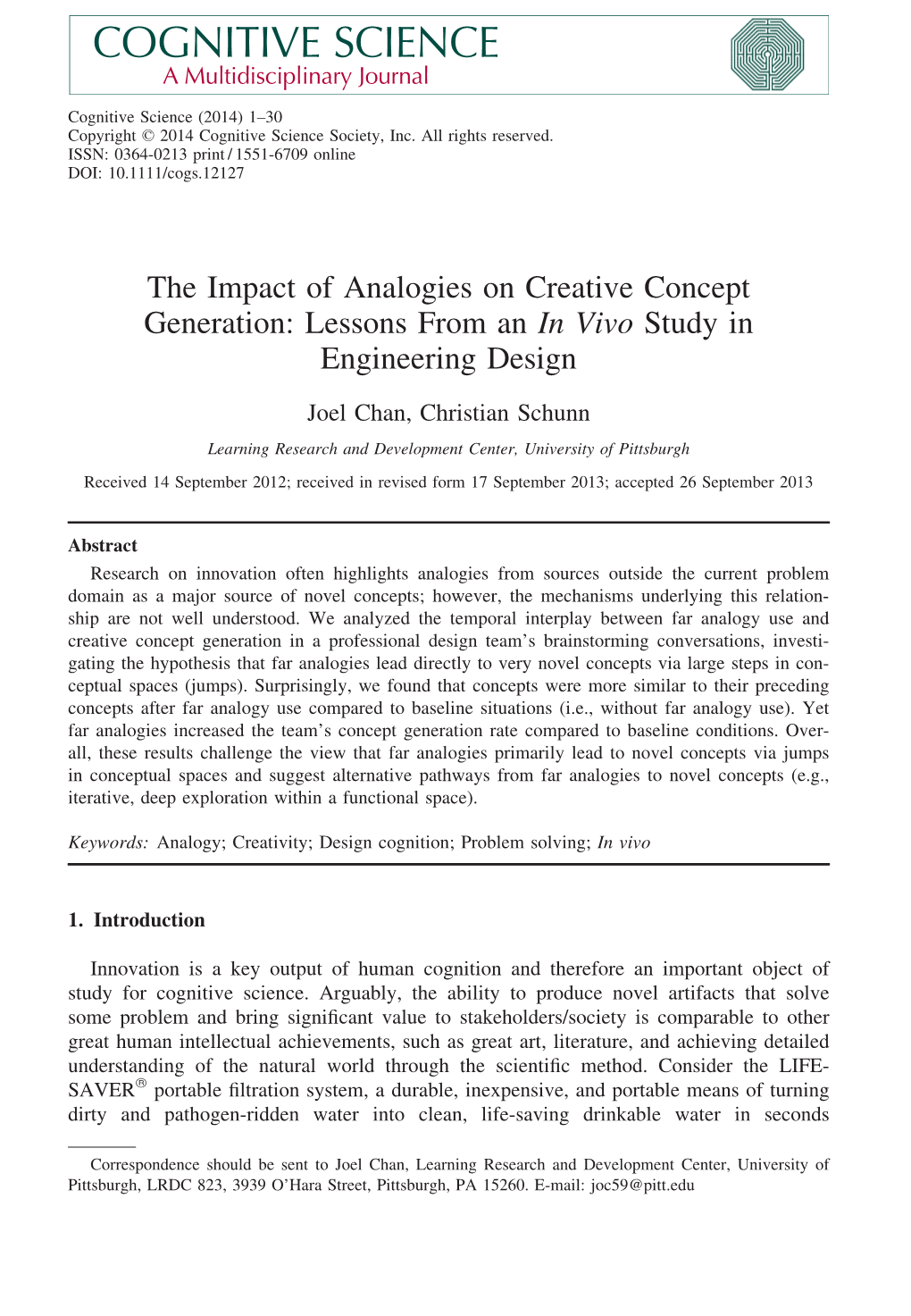 The Impact of Analogies on Creative Concept Generation: Lessons from an in Vivo Study in Engineering Design