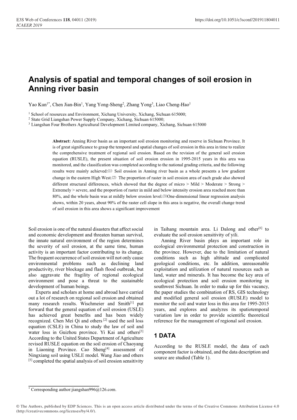 Analysis of Spatial and Temporal Changes of Soil Erosion in Anning River Basin