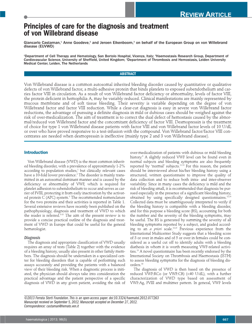 Principles of Care for the Diagnosis and Treatment of Von Willebrand Disease