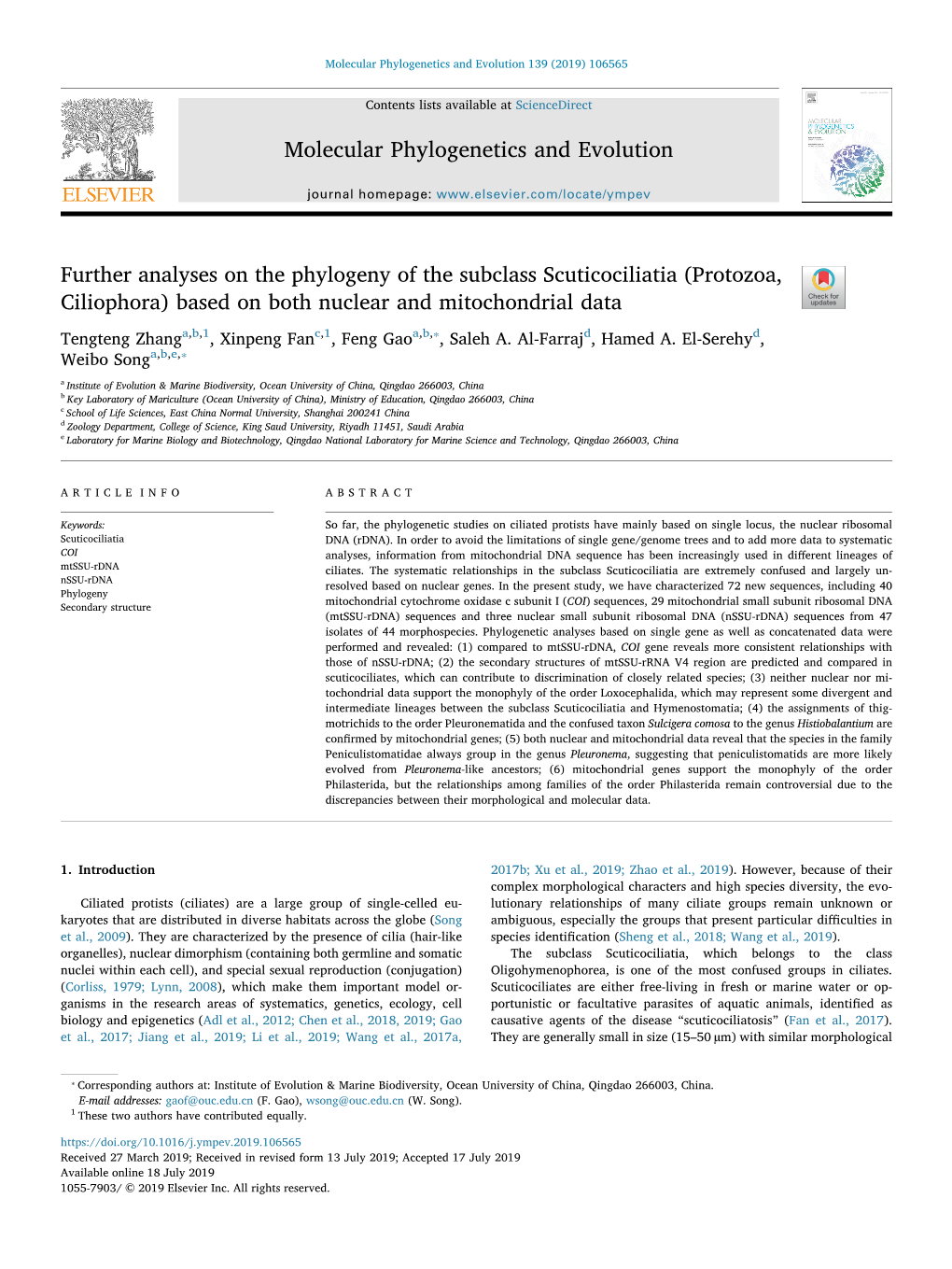 Further Analyses on the Phylogeny of the Subclass Scuticociliatia (Protozoa, Ciliophora) Based on Both Nuclear and Mitochondrial