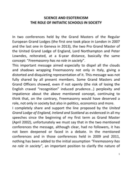 Science and Esotericism the Role of Initiatic Schools in Society