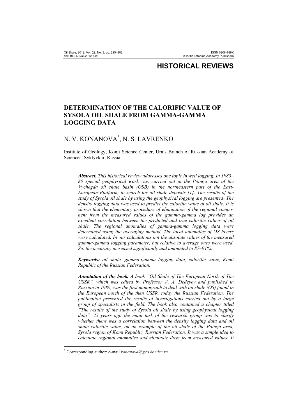 Determination of the Calorific Value of Sysola Oil Shale from Gamma-Gamma Logging Data