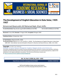 The Development of English Education in Kota Setar, 1909- 1957