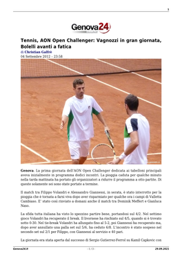 Tennis, AON Open Challenger: Vagnozzi in Gran Giornata, Bolelli Avanti a Fatica Di Christian Galfrè 04 Settembre 2012 – 23:58