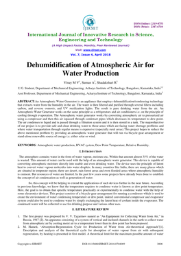 Dehumidification of Atmospheric Air for Water Production