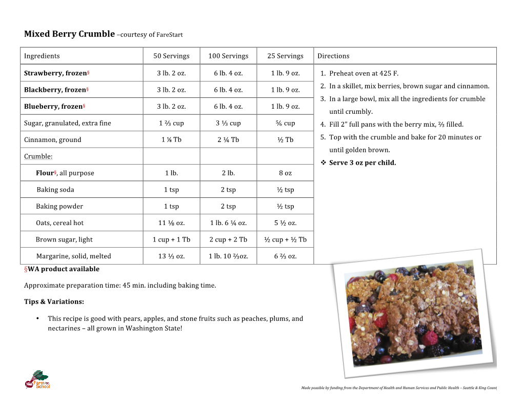 Mixed Berry Crumble –Courtesy of Farestart Ingredients 50 Servings