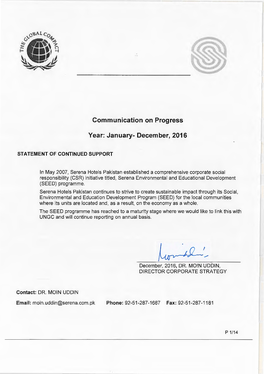 Communication on Progress Year: January- December, 2016