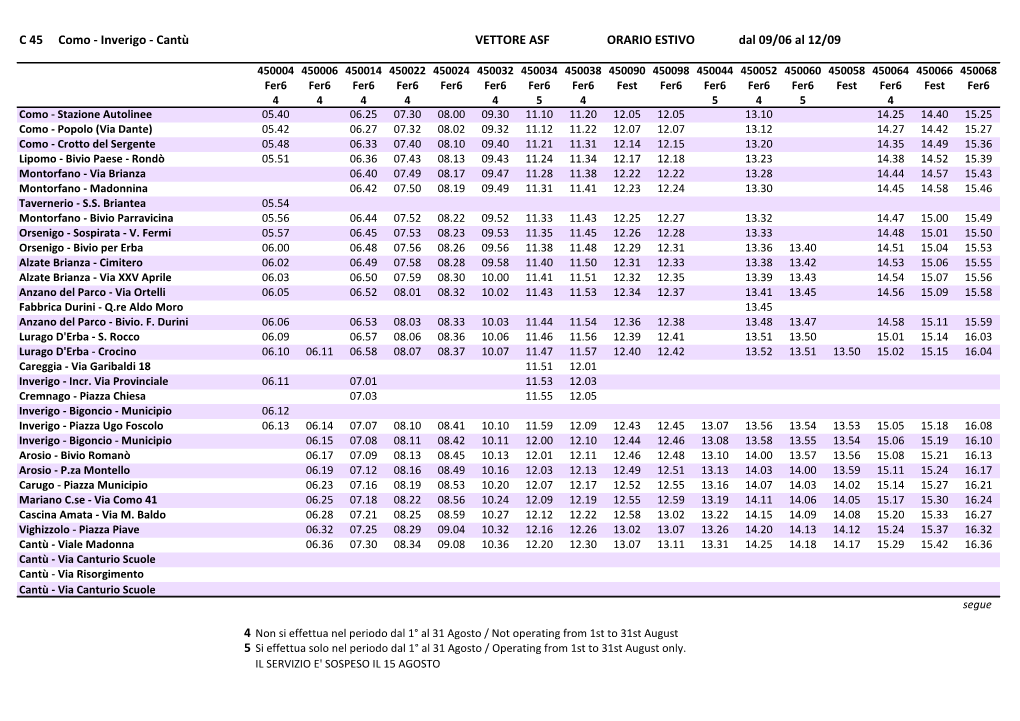 C 45 Como - Inverigo - Cantù VETTORE ASF ORARIO ESTIVO Dal 09/06 Al 12/09