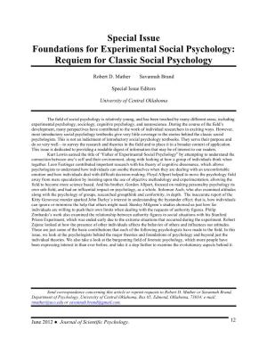 Special Issue Foundations for Experimental Social Psychology: Requiem for Classic Social Psychology