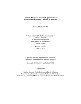 A Content Analysis of Minority Representation on Broadcast and Streaming Television in 2019-2020