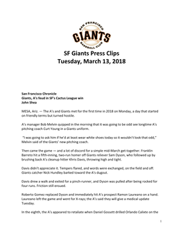 SF Giants Press Clips Tuesday, March 13, 2018