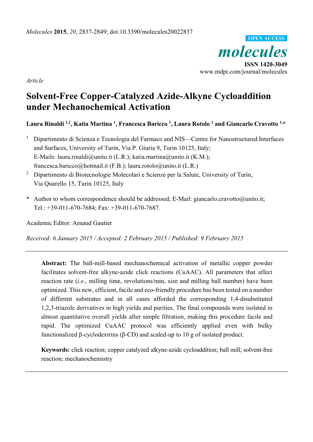 Solvent-Free Copper-Catalyzed Azide-Alkyne Cycloaddition Under Mechanochemical Activation