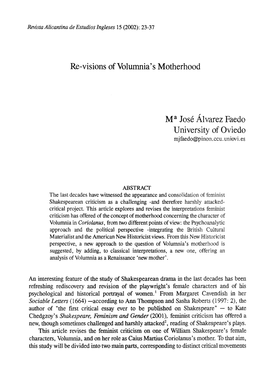 Re-Visions of Volumnia's Motherhood Ma José Álvarez Faedo University